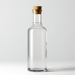 A clear, glass bottle filled with a clear liquid and sealed with a cork stopper is on a white surface.
