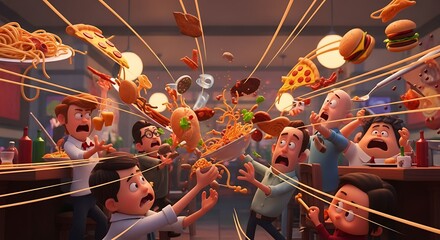 Hilarious Cartoon Food Fight Chaos Animated Scene Featuring Characters Surrounded by Flying Spaghetti Pizza Burgers