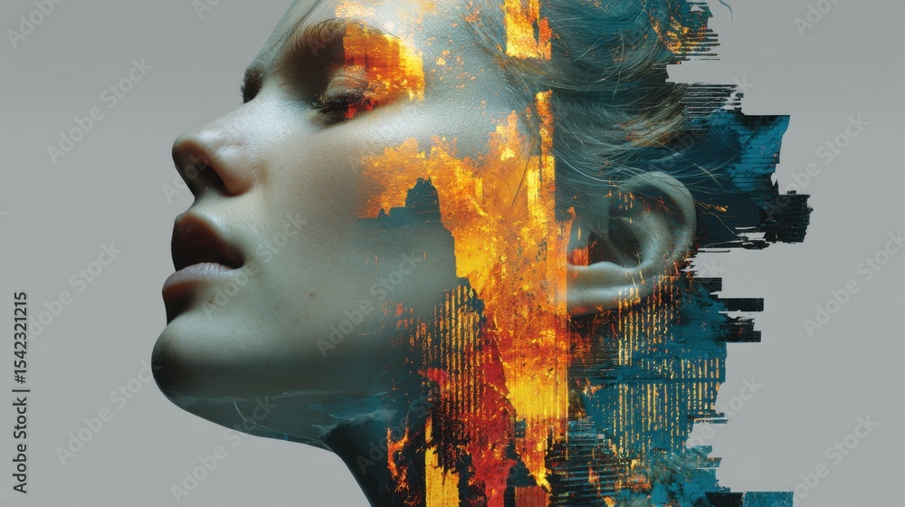 Poster a visually striking representation of a person's profile merged with bold colors and abstract textur