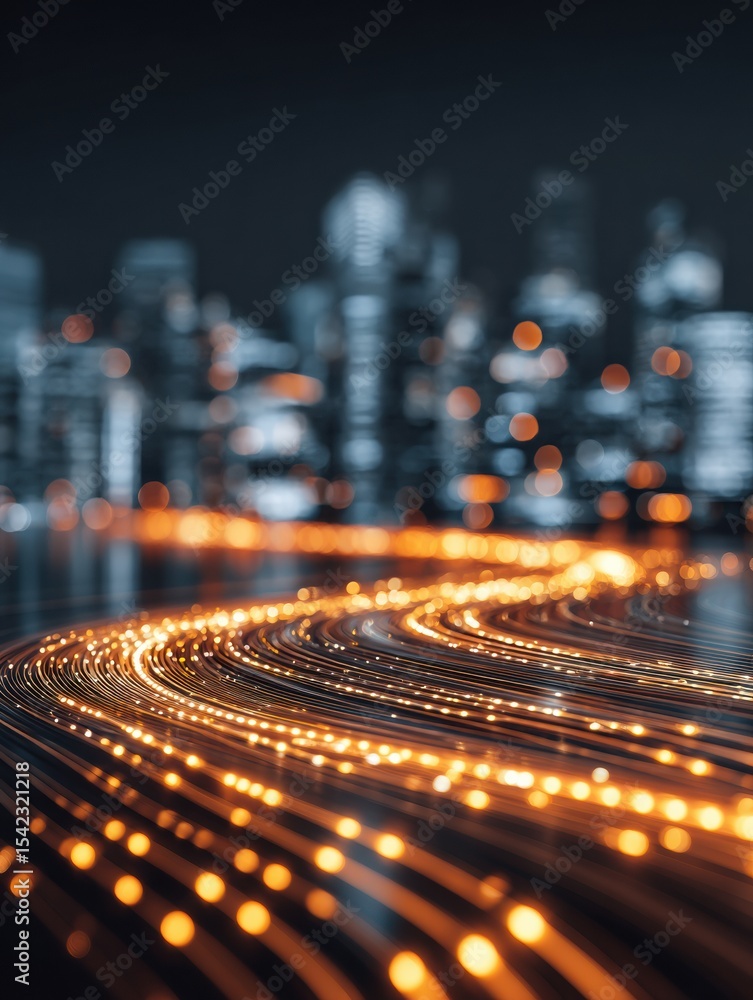 Poster glowing data lines intertwine through a futuristic cityscape at night