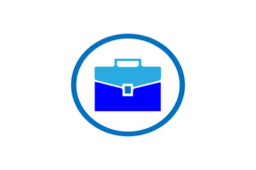 The image is an icon of a briefcase, enclosed within a blue circle. The briefcase itself is rendered in two shades of blue: a lighter blue for the top part and handle