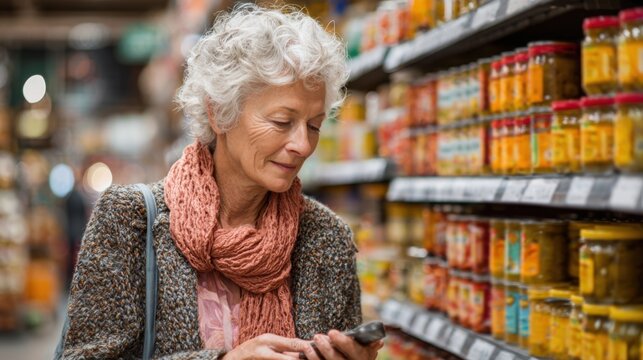 A senior woman with curly gray hair browses a grocery aisle filled with jars of sauces and condiments, checking her phone for shopping hints. She appears focused and content.