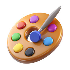 3D Paint Palette And Brush Art Tool On White Background