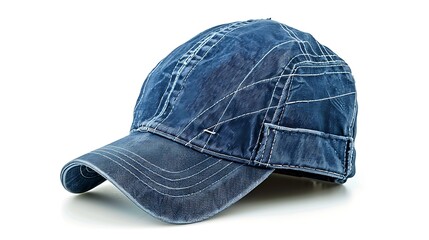 Indigo blue baseball cap with a distressed design.