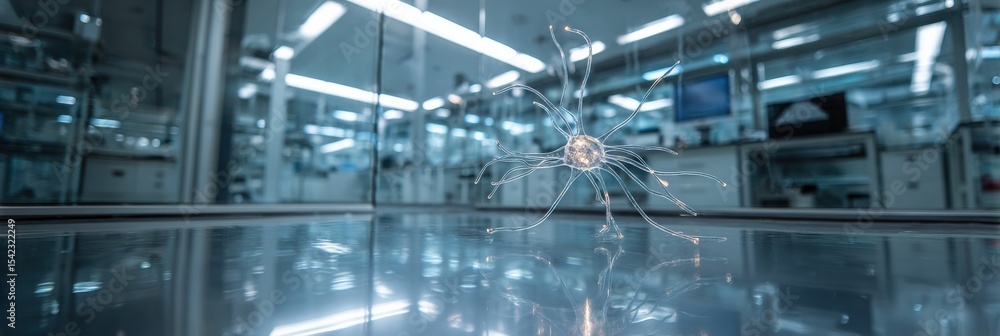 Poster glasslike neuron floats in sterile lab environment showcasing advanced cell structures and intricate