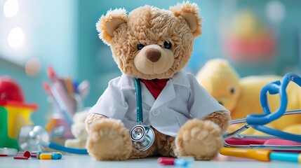 Stuffed teddy bear dressed as a doctor with a stethoscope.