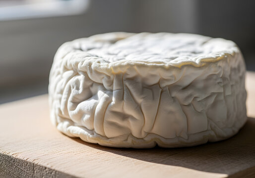 A round wheel of cheese with a wrinkled white rind, placed on a wooden cutting board. The cheese has a soft texture and is illuminated by natural light coming from a nearby window.