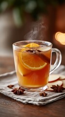 Hot Mulled Cider in Glass Mug with Orange and Spices on Rustic Table