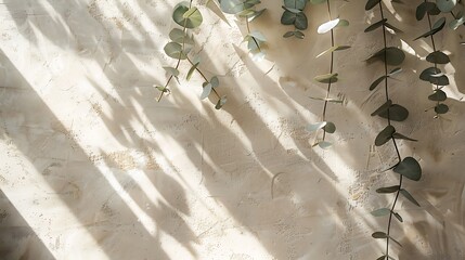 Light and shadow play on a textured cream wall with eucalyptus branches.