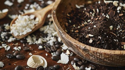 Gourmet mix of ground coffee, shredded coconut, and chocolate pieces in a wooden bowl.