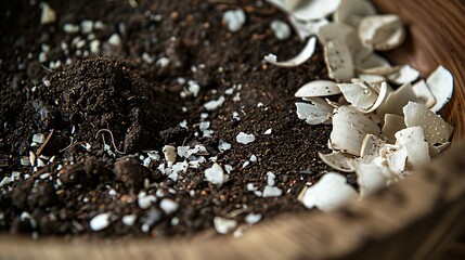 Close-up of soil mixed with crushed eggshells.
