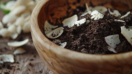 Wooden bowl filled with dark soil and white pieces.