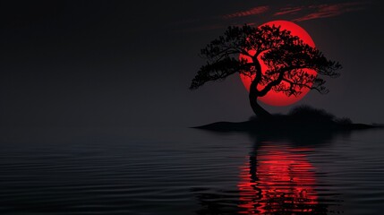 Glowing red moon over a Japanese-inspired dark landscape, designed as a stunning 4K desktop wallpaper