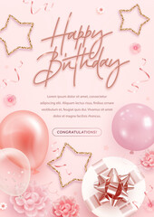 Vector birthday elegant greeting card, banner or party invitation with realistic 3d golden, pink and white balloons, gift box and flowers on pink background. Vector illustration