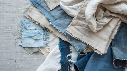 Assorted shades of natural dyed fabrics displayed on a table.