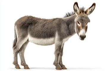 Obraz premium Beautiful donkey stands confidently against a pure white background, showcasing its graceful form and striking features in a peaceful, isolated setting