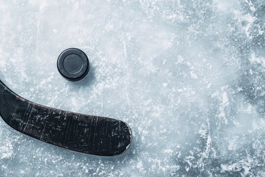 Old black hockey stick and rubber puck resting on ice surface during a quiet moment on the rink - Powered by Adobe