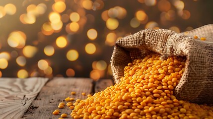 Dried lentils spilling from a burlap sack onto a wooden surface.