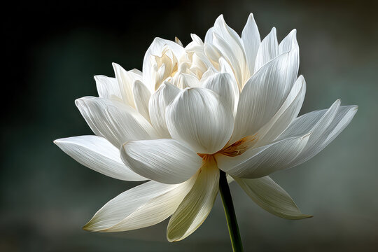 A stunning white lotus blooms in tranquil waters, displaying its intricate beauty and elegance