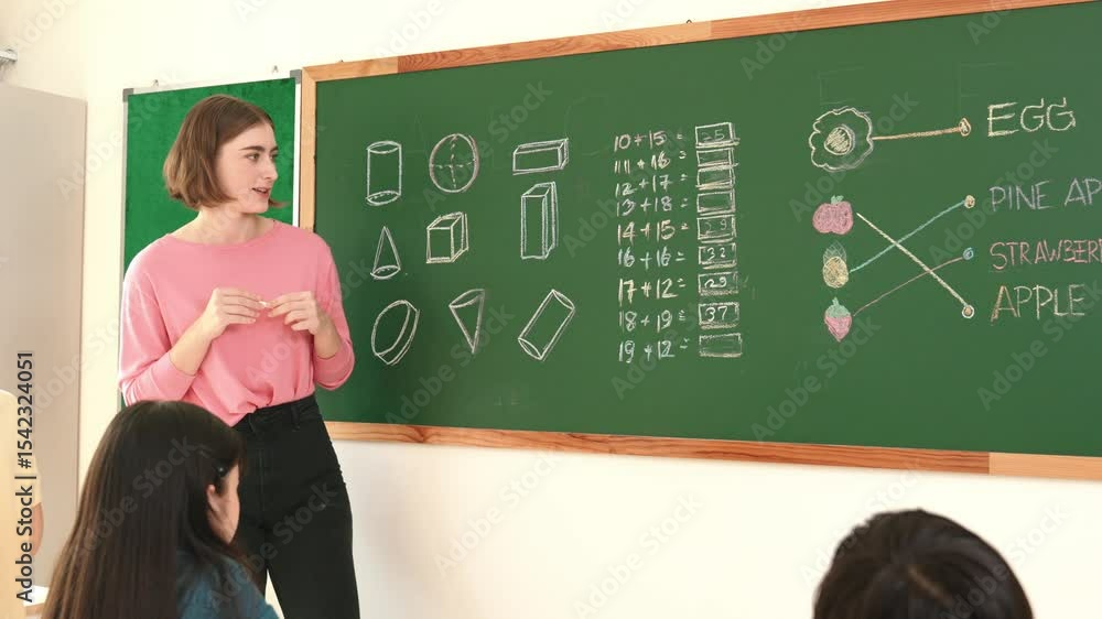 Aufkleber caucasian student writing blackboard to answer math question at classroom while receive chalk and ex