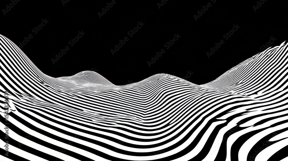 Poster creating a dynamic visual, the interplay of black and white stripes forms a series of undulating hil