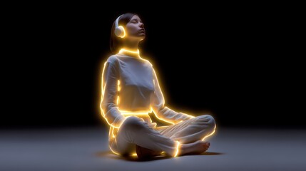 Serene Woman Meditating with Headphones in Neon Glow Aura