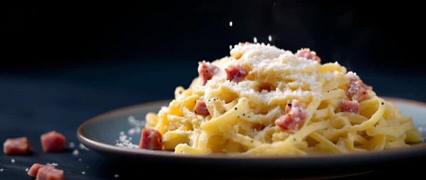 Delicious parmesan sprinkling over freshly cooked carbonara pasta in a black plate