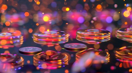 Abstract design of translucent discs in vibrant colors.