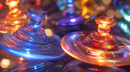 Colorful, glowing, abstract spinning tops.