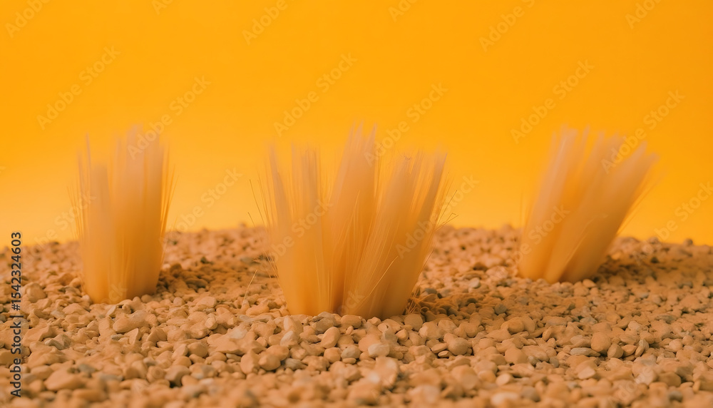 Poster abstract composition featuring three soft tufts on a pebble bed with a warm orange backdrop.