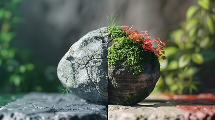 A rock with moss and small plants growing on it.