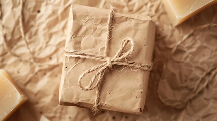 A tied package of craft paper wrapped around a bar of soap.