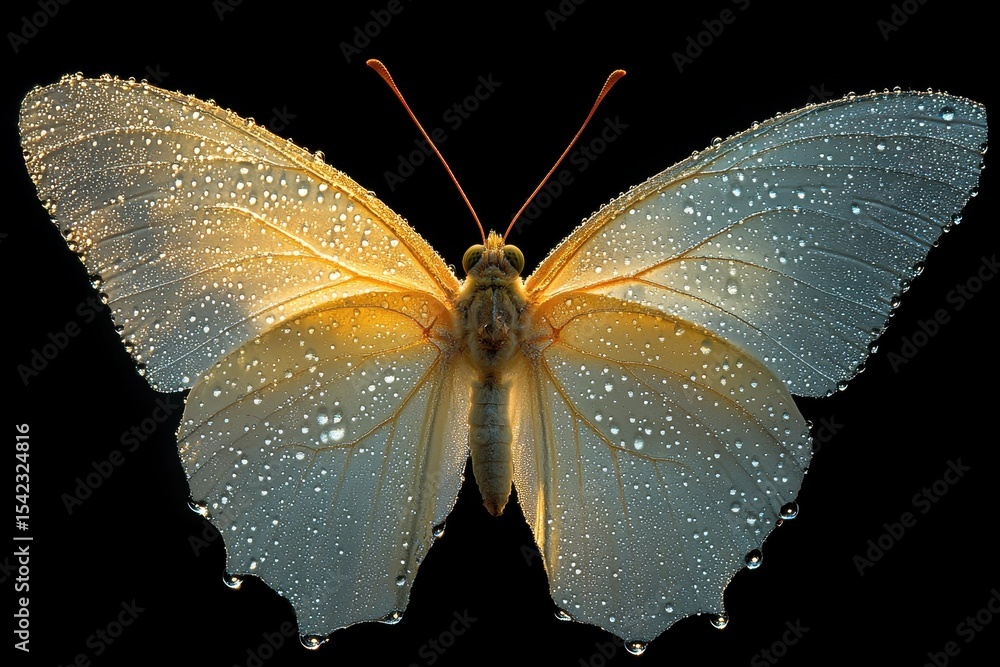 Poster cruiser butterfly with water droplets resting on a green leaf in natural light close up view during 