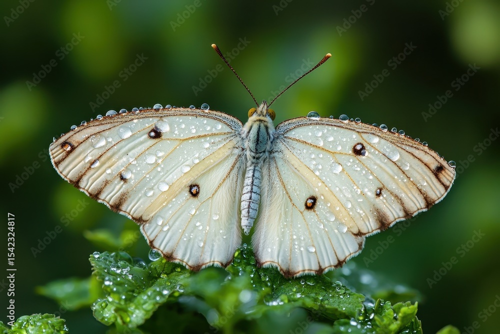 Poster cruiser butterfly with water droplets resting on a green leaf in natural light close up view during 