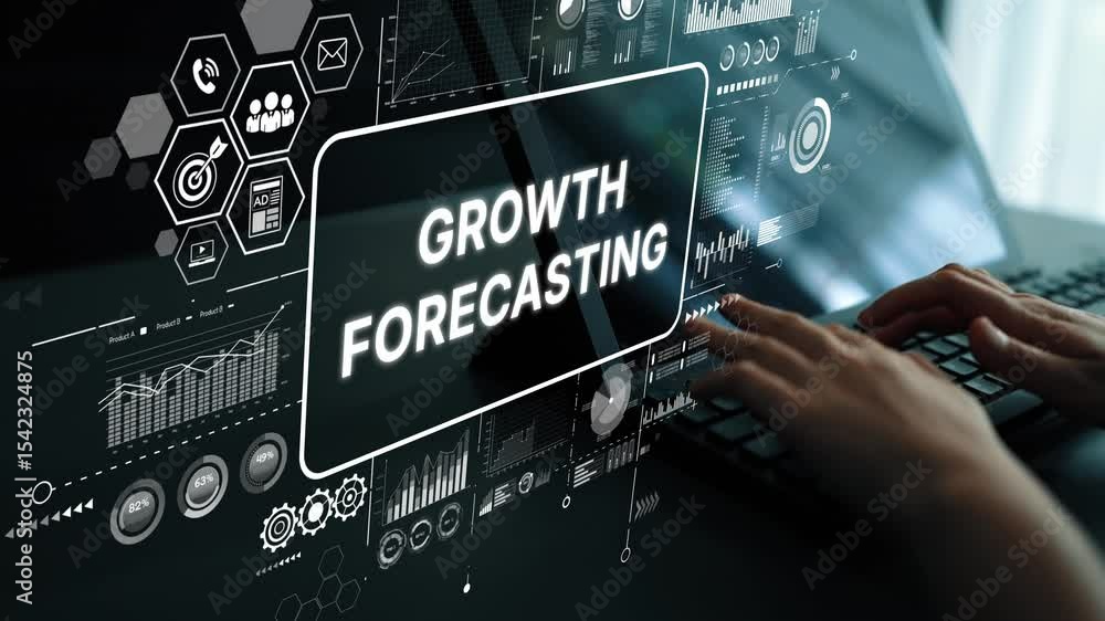 Poster digital interface with growth forecasting text and data analysis graphics for business insights. asy