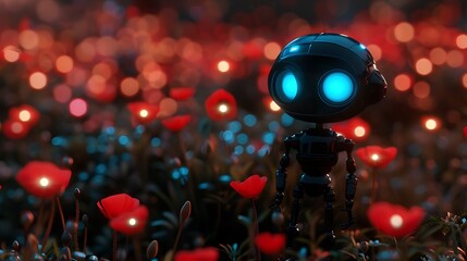 A small robot stands amidst glowing flowers.