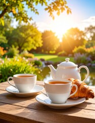 Fototapeta premium Two cups of tea, croissant and kettle on wooden table, cozy breakfast setting outside in the garden.