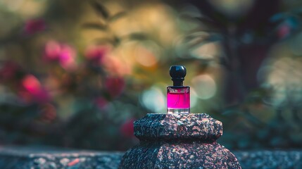 Small pink perfume bottle resting on a stone surface.