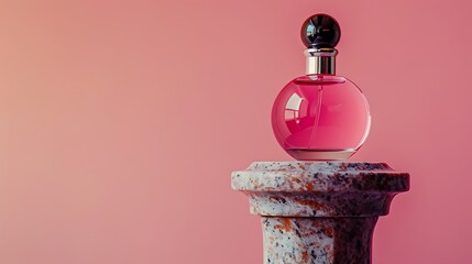 Pink perfume bottle on a pedestal against a pink background.