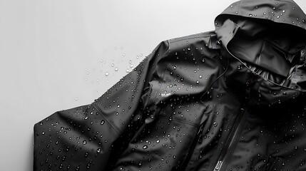 Close-up view of a black waterproof jacket.