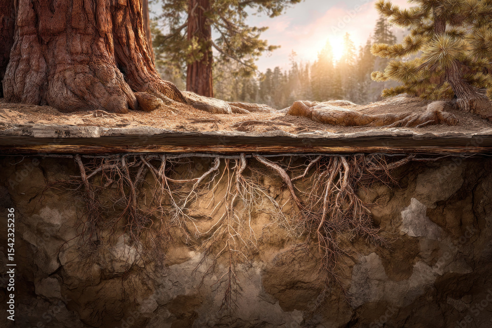 Aufkleber sunlight streams through a forest, illuminating the intricate roots of trees spread beneath the eart