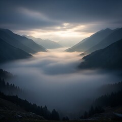 Fototapeta premium Wide-Angle Shot of Foggy Mountain Valley at Dawn 