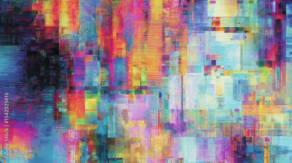 Poster high-tech digital glitch background with shifting rgb colors, pixelated noise patterns, cyberpunk ae