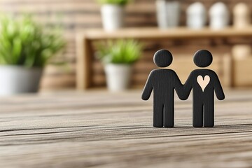 Two Dark Wooden Figures Holding Hands With Heart Symbol On Wooden Table