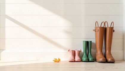 Colorful rubber boots lined up indoors with autumn leaves nearby  