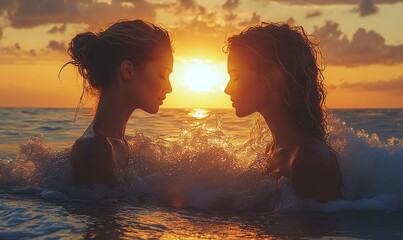 Two Figures Silhouetted Against A Colorful Sunset Over The Ocean