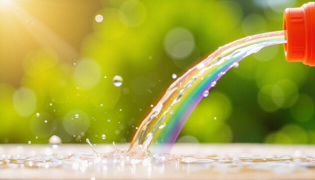 Water pouring from bottle creating rainbow effect in sunlight - Powered by Adobe
