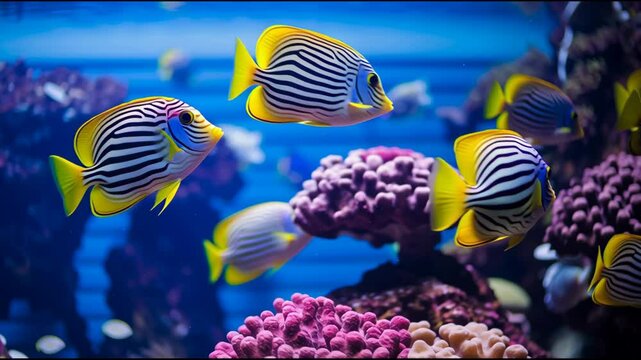Tropical sea fishes with corals in aquarium. Colorful wildlife marine panorama