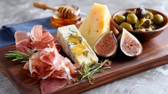 luxury charcuterie board with rare cheeses, figs, prosciutto, olives, truffle honey, served on dark wood, selective focus, soft shadows - Powered by Adobe