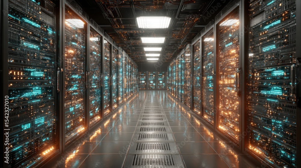 Poster rows of server racks are visible in a data center, each emitting soft blue and orange lights. the en